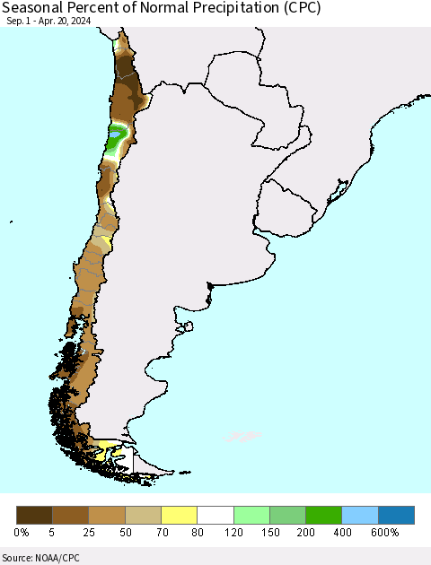 Chile Seasonal Percent of Normal Precipitation (CPC) Thematic Map For 9/1/2023 - 4/20/2024