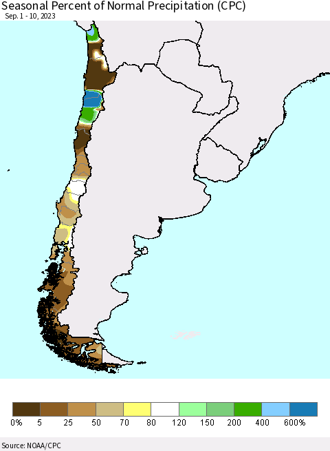 Chile Seasonal Percent of Normal Precipitation (CPC) Thematic Map For 9/1/2023 - 9/10/2023