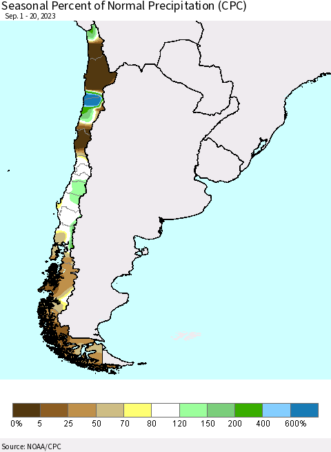 Chile Seasonal Percent of Normal Precipitation (CPC) Thematic Map For 9/1/2023 - 9/20/2023