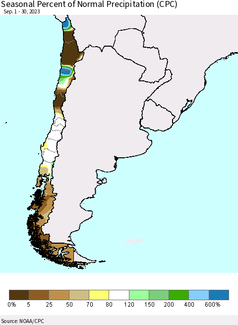 Chile Seasonal Percent of Normal Precipitation (CPC) Thematic Map For 9/1/2023 - 9/30/2023
