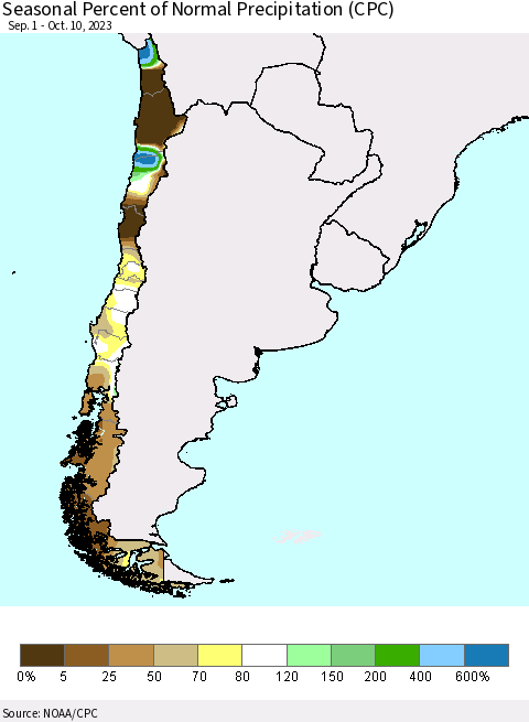 Chile Seasonal Percent of Normal Precipitation (CPC) Thematic Map For 9/1/2023 - 10/10/2023