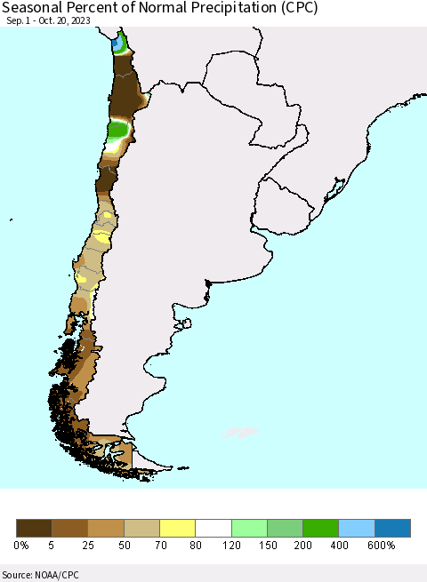 Chile Seasonal Percent of Normal Precipitation (CPC) Thematic Map For 9/1/2023 - 10/20/2023