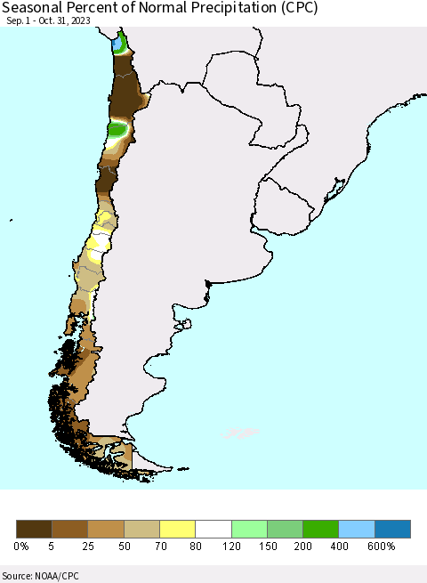 Chile Seasonal Percent of Normal Precipitation (CPC) Thematic Map For 9/1/2023 - 10/31/2023
