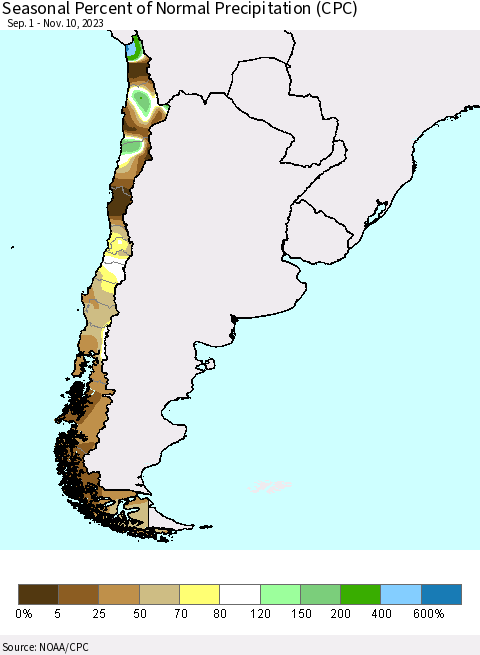 Chile Seasonal Percent of Normal Precipitation (CPC) Thematic Map For 9/1/2023 - 11/10/2023