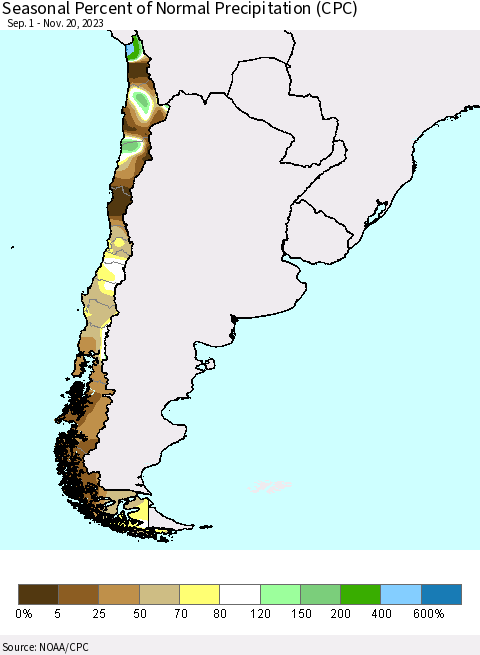 Chile Seasonal Percent of Normal Precipitation (CPC) Thematic Map For 9/1/2023 - 11/20/2023