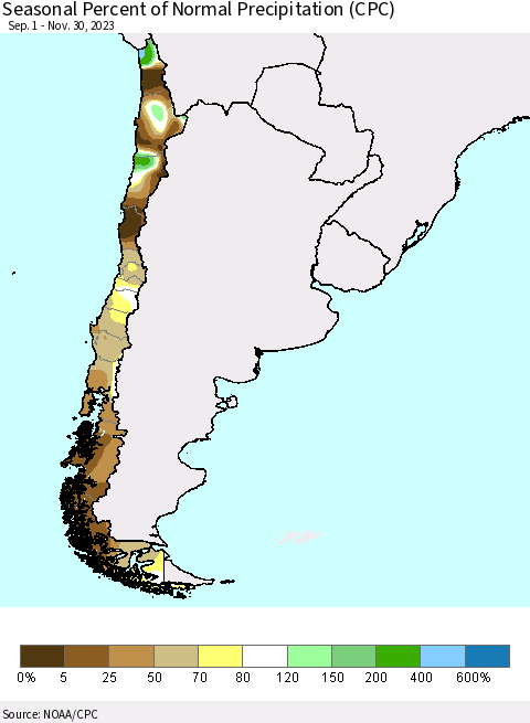 Chile Seasonal Percent of Normal Precipitation (CPC) Thematic Map For 9/1/2023 - 11/30/2023
