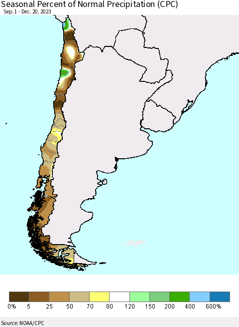 Chile Seasonal Percent of Normal Precipitation (CPC) Thematic Map For 9/1/2023 - 12/20/2023