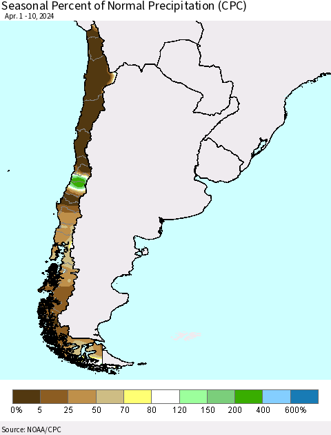 Chile Seasonal Percent of Normal Precipitation (CPC) Thematic Map For 4/1/2024 - 4/10/2024