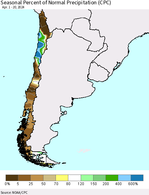 Chile Seasonal Percent of Normal Precipitation (CPC) Thematic Map For 4/1/2024 - 4/20/2024
