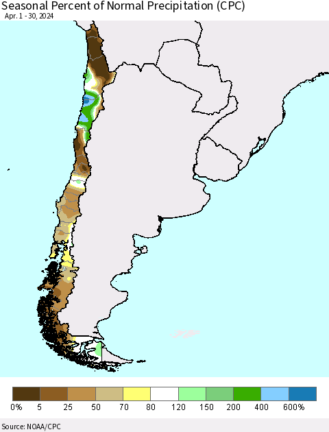 Chile Seasonal Percent of Normal Precipitation (CPC) Thematic Map For 4/1/2024 - 4/30/2024