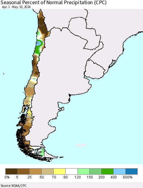 Chile Seasonal Percent of Normal Precipitation (CPC) Thematic Map For 4/1/2024 - 5/10/2024
