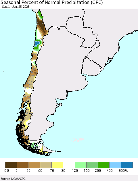 Chile Seasonal Percent of Normal Precipitation (CPC) Thematic Map For 9/1/2024 - 1/25/2025