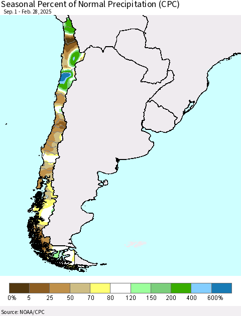 Chile Seasonal Percent of Normal Precipitation (CPC) Thematic Map For 9/1/2024 - 2/28/2025
