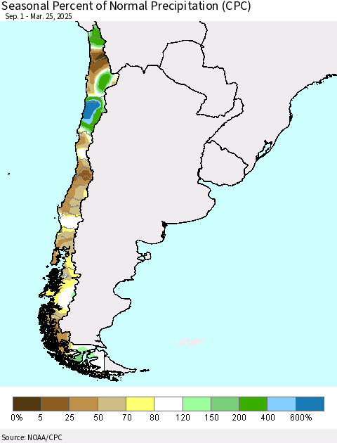 Chile Seasonal Percent of Normal Precipitation (CPC) Thematic Map For 9/1/2024 - 3/25/2025
