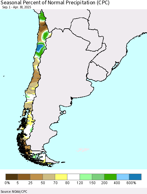 Chile Seasonal Percent of Normal Precipitation (CPC) Thematic Map For 9/1/2024 - 4/30/2025