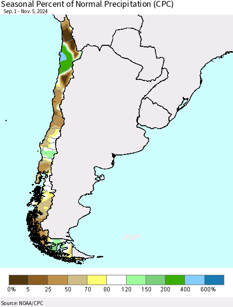 Chile Seasonal Percent of Normal Precipitation (CPC) Thematic Map For 9/1/2024 - 11/5/2024