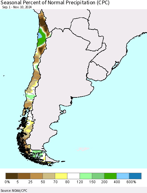 Chile Seasonal Percent of Normal Precipitation (CPC) Thematic Map For 9/1/2024 - 11/10/2024