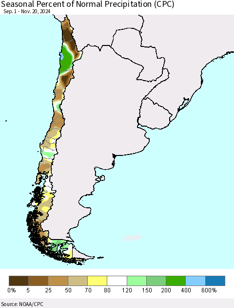 Chile Seasonal Percent of Normal Precipitation (CPC) Thematic Map For 9/1/2024 - 11/20/2024