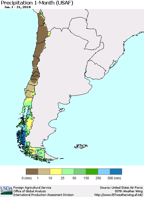 Chile Precipitation 1-Month (USAF) Thematic Map For 1/1/2018 - 1/31/2018