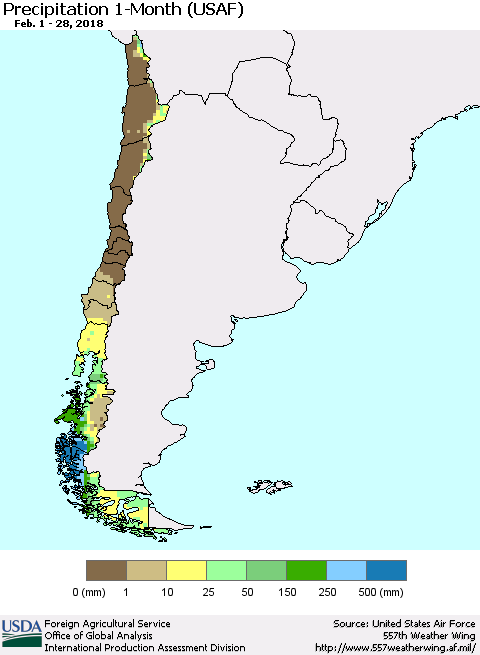 Chile Precipitation 1-Month (USAF) Thematic Map For 2/1/2018 - 2/28/2018