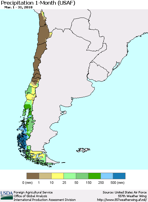 Chile Precipitation 1-Month (USAF) Thematic Map For 3/1/2018 - 3/31/2018