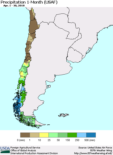 Chile Precipitation 1-Month (USAF) Thematic Map For 4/1/2018 - 4/30/2018