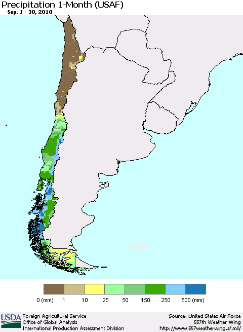 Chile Precipitation 1-Month (USAF) Thematic Map For 9/1/2018 - 9/30/2018