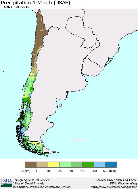 Chile Precipitation 1-Month (USAF) Thematic Map For 10/1/2018 - 10/31/2018