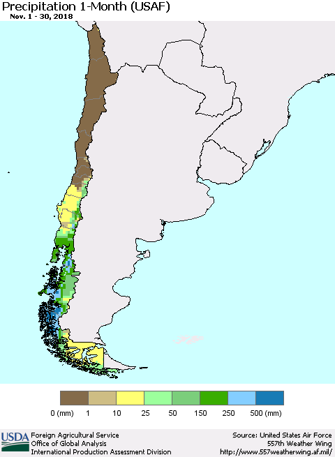Chile Precipitation 1-Month (USAF) Thematic Map For 11/1/2018 - 11/30/2018