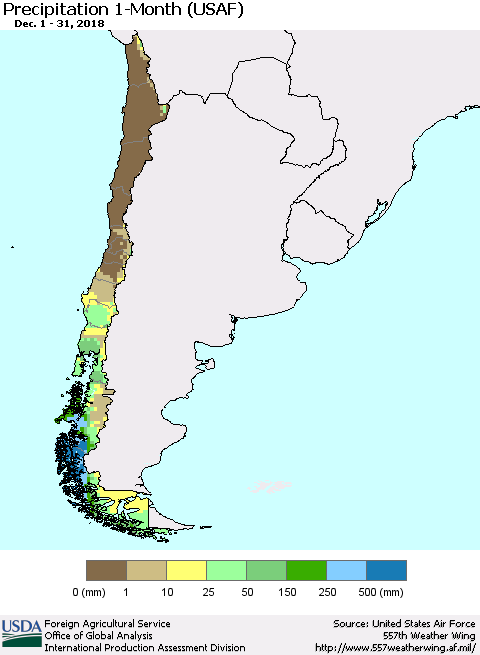 Chile Precipitation 1-Month (USAF) Thematic Map For 12/1/2018 - 12/31/2018