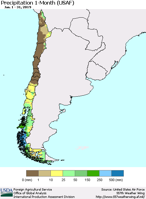 Chile Precipitation 1-Month (USAF) Thematic Map For 1/1/2019 - 1/31/2019