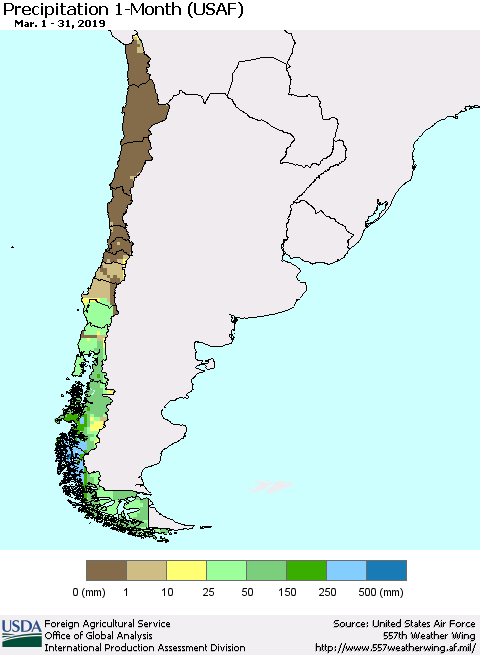 Chile Precipitation 1-Month (USAF) Thematic Map For 3/1/2019 - 3/31/2019