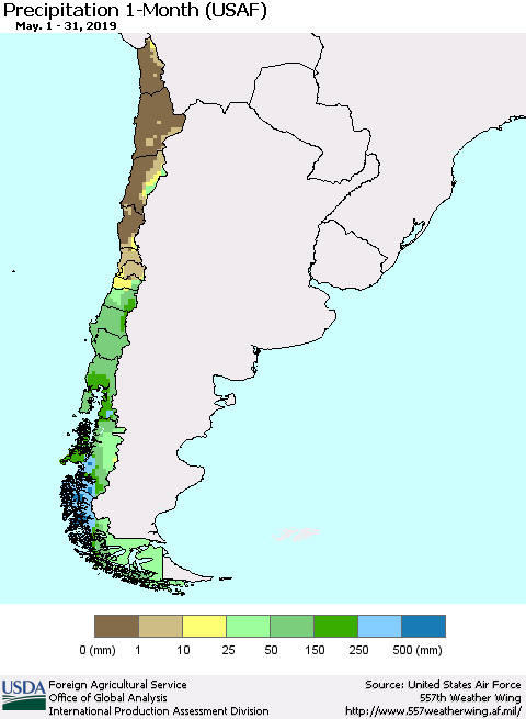 Chile Precipitation 1-Month (USAF) Thematic Map For 5/1/2019 - 5/31/2019