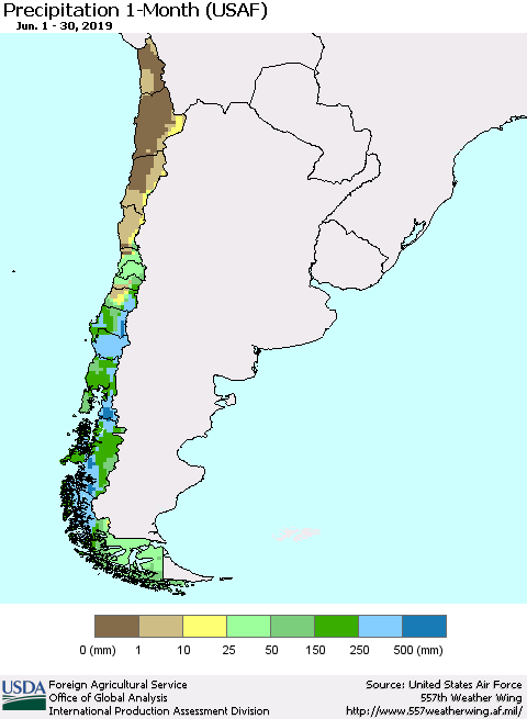 Chile Precipitation 1-Month (USAF) Thematic Map For 6/1/2019 - 6/30/2019