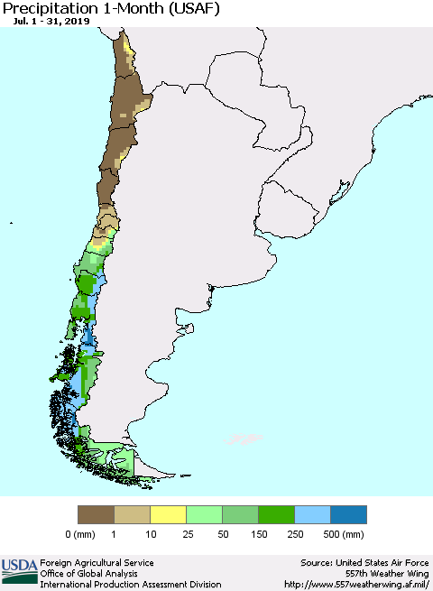 Chile Precipitation 1-Month (USAF) Thematic Map For 7/1/2019 - 7/31/2019