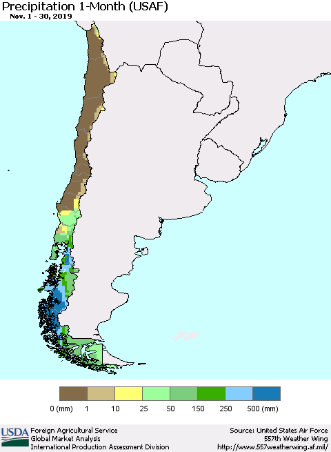 Chile Precipitation 1-Month (USAF) Thematic Map For 11/1/2019 - 11/30/2019