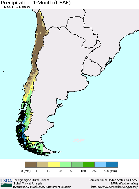Chile Precipitation 1-Month (USAF) Thematic Map For 12/1/2019 - 12/31/2019