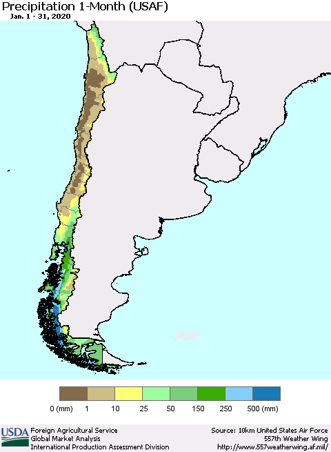 Chile Precipitation 1-Month (USAF) Thematic Map For 1/1/2020 - 1/31/2020