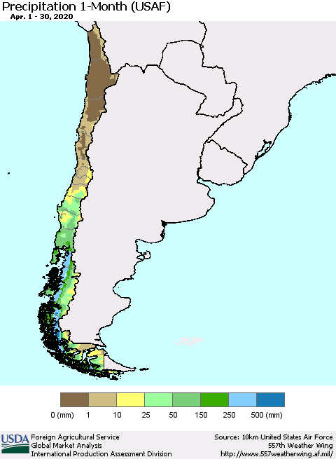 Chile Precipitation 1-Month (USAF) Thematic Map For 4/1/2020 - 4/30/2020
