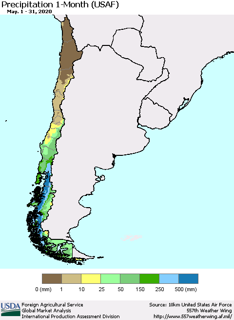 Chile Precipitation 1-Month (USAF) Thematic Map For 5/1/2020 - 5/31/2020