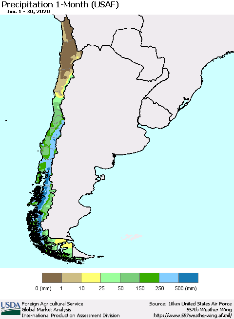 Chile Precipitation 1-Month (USAF) Thematic Map For 6/1/2020 - 6/30/2020