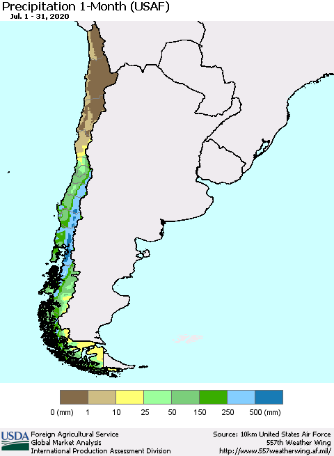 Chile Precipitation 1-Month (USAF) Thematic Map For 7/1/2020 - 7/31/2020