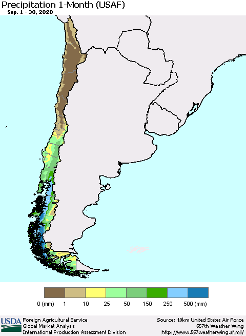 Chile Precipitation 1-Month (USAF) Thematic Map For 9/1/2020 - 9/30/2020