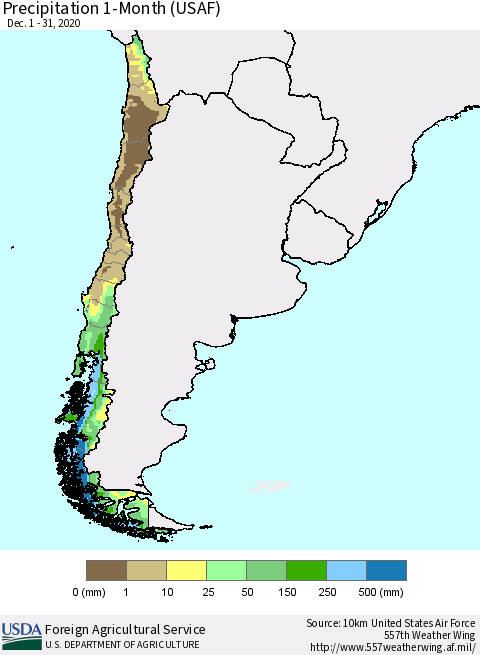 Chile Precipitation 1-Month (USAF) Thematic Map For 12/1/2020 - 12/31/2020