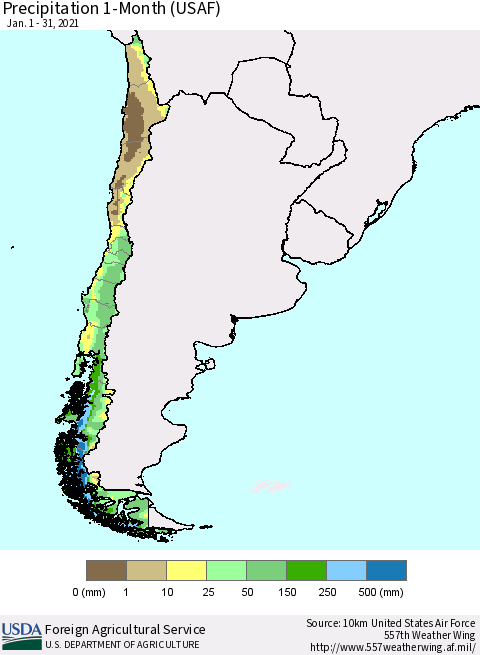 Chile Precipitation 1-Month (USAF) Thematic Map For 1/1/2021 - 1/31/2021