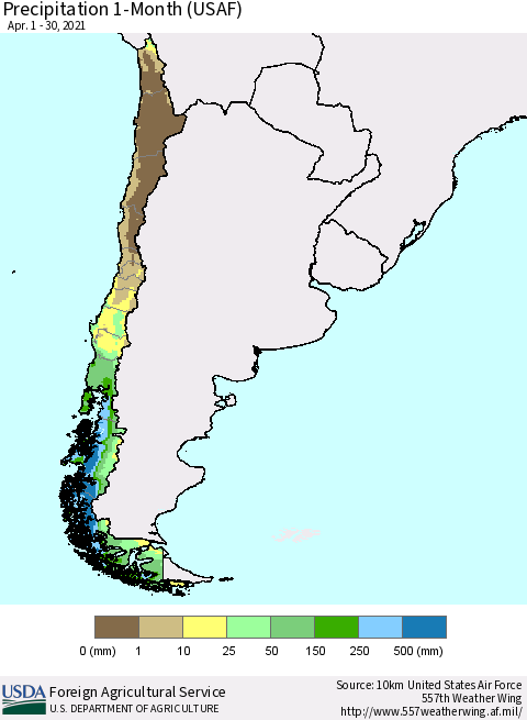 Chile Precipitation 1-Month (USAF) Thematic Map For 4/1/2021 - 4/30/2021
