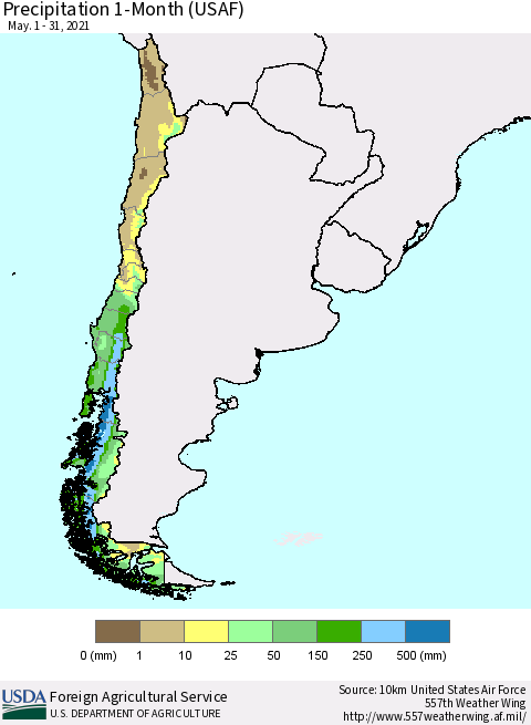 Chile Precipitation 1-Month (USAF) Thematic Map For 5/1/2021 - 5/31/2021