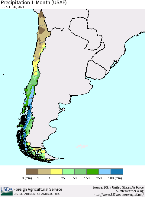Chile Precipitation 1-Month (USAF) Thematic Map For 6/1/2021 - 6/30/2021