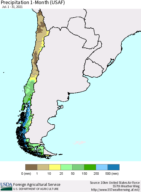 Chile Precipitation 1-Month (USAF) Thematic Map For 7/1/2021 - 7/31/2021