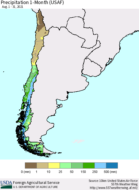 Chile Precipitation 1-Month (USAF) Thematic Map For 8/1/2021 - 8/31/2021